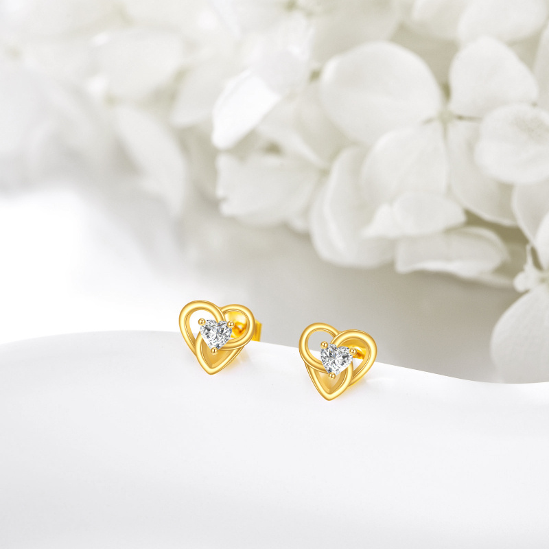 18K Gold Cubic Zirconia Heart Stud Earrings-5