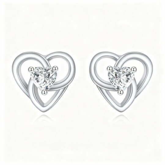 Pendientes de botón con forma de corazón de circonita cúbica en oro blanco de 10 quilates