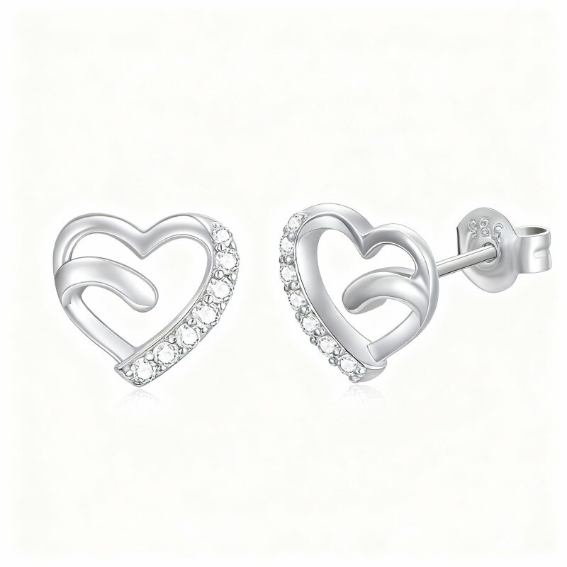 Boucles d'oreilles puces en forme de cœur, en platine plaqué or blanc et zircon cubique-1