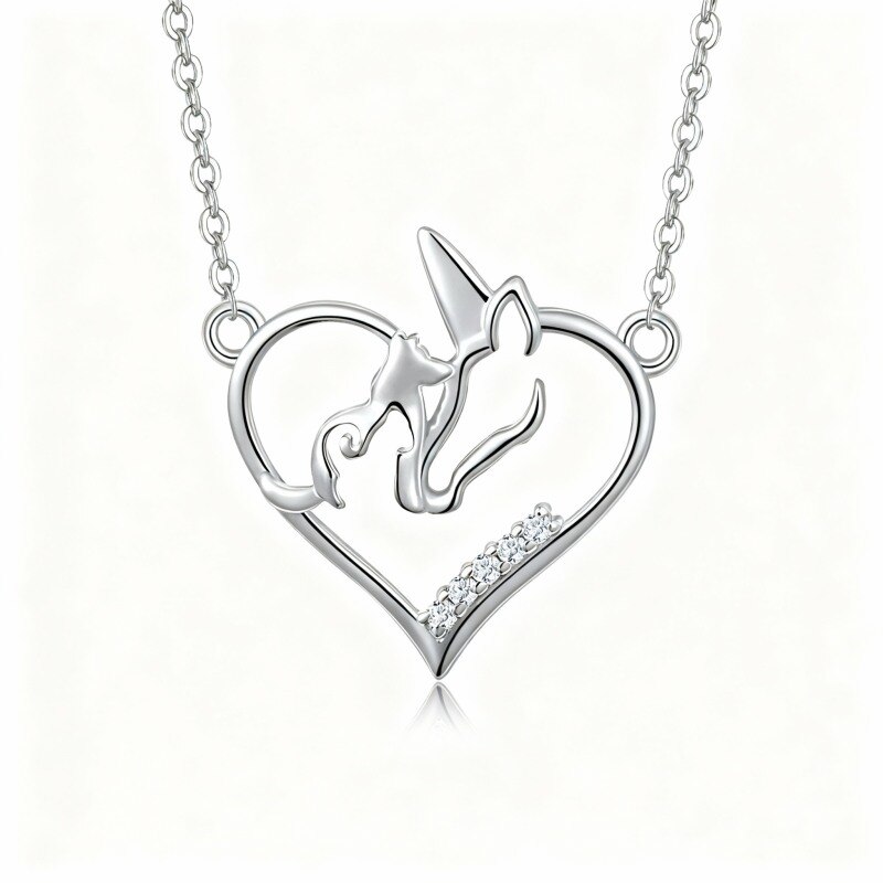 10K White Gold Cubic Zirconia Heart & Unicorn Pendant Necklace-16