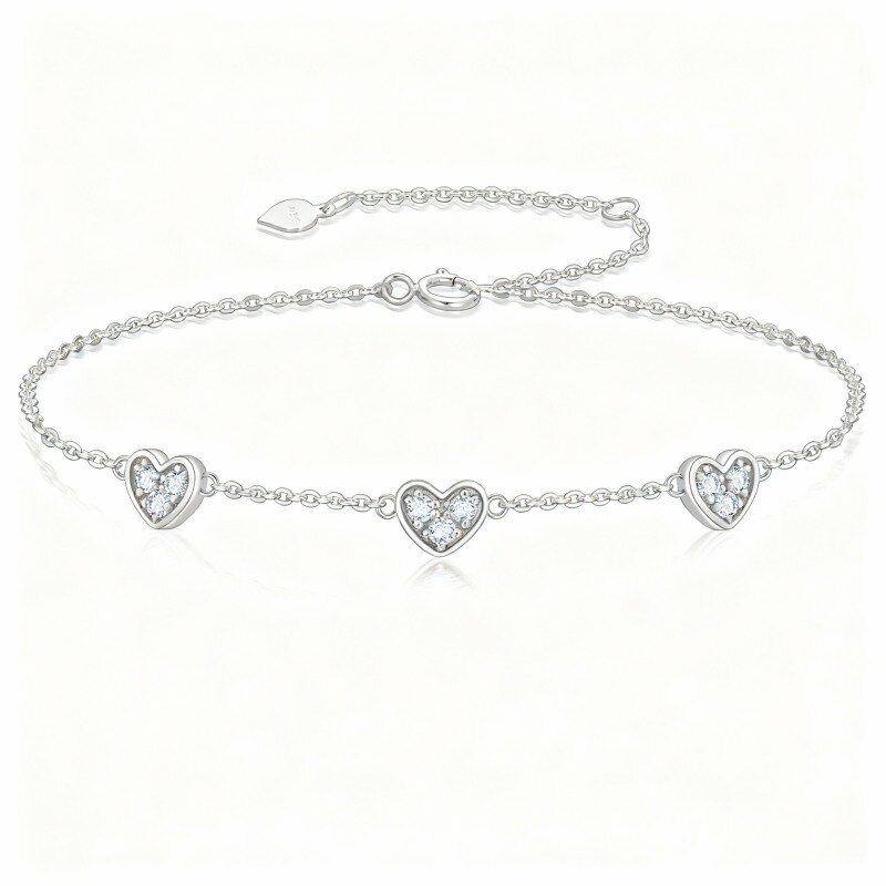 Pulsera de oro blanco de 10 quilates con dije de corazón y circonita cúbica-1
