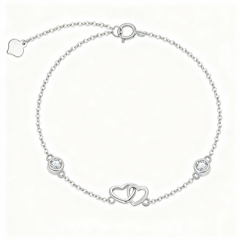 Pulsera de platino con circonitas cúbicas chapadas en oro blanco con dije de corazón con corazón-1