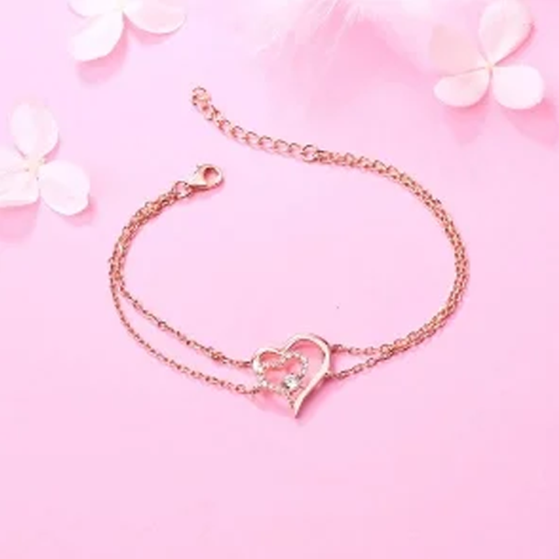 Pulsera de oro rosa de 14 quilates con circonitas cúbicas en forma de corazón con otro corazón, de varias capas.-4