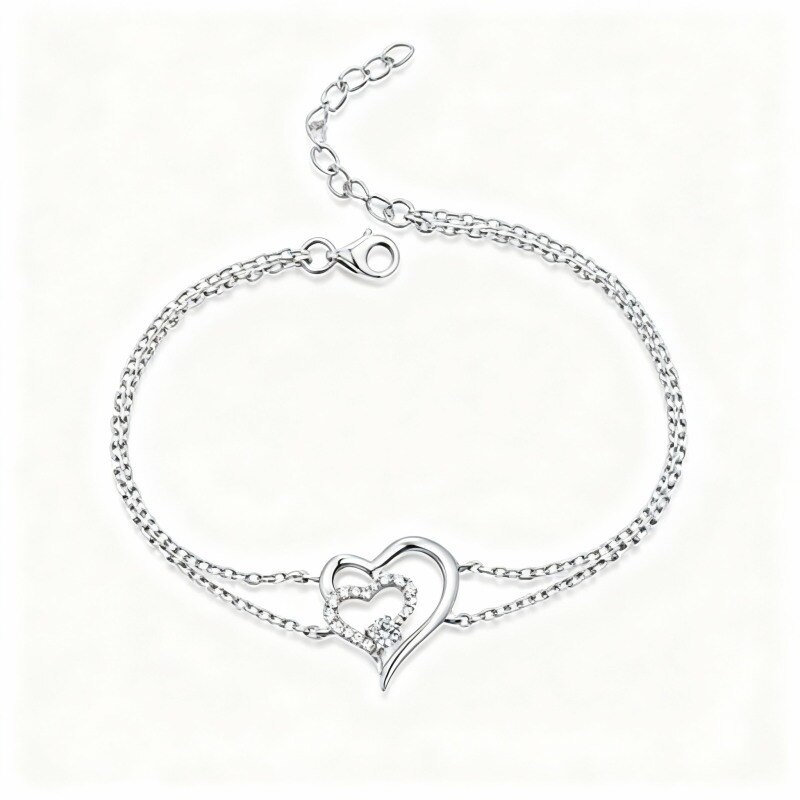 Armband aus 18-karätigem Weißgold mit Zirkonia-Herz und mehrlagigem Herz-1