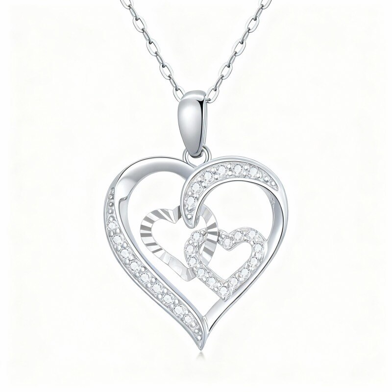 Collar con colgante de corazón con circonita cúbica en oro blanco de 10 quilates-1