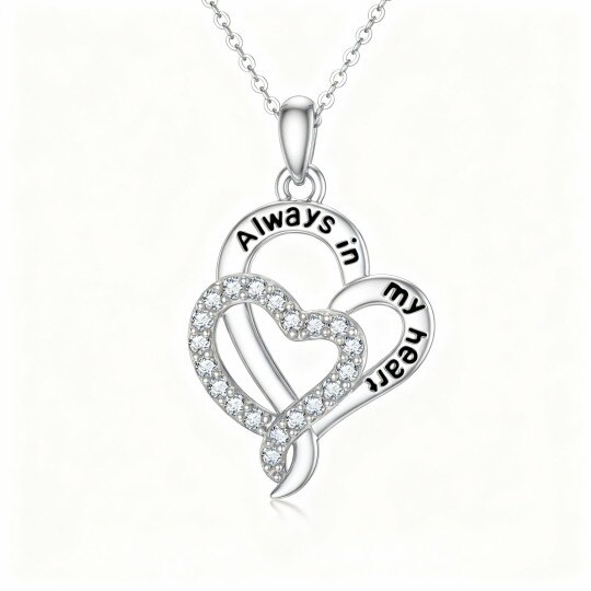 Collier pendentif cœur en or blanc 10 carats avec zircon cubique et inscription gravée