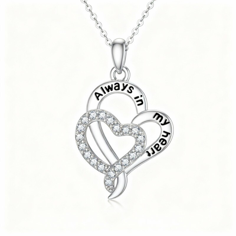 Collier pendentif cœur en or blanc 18 carats avec zircon cubique et inscription gravée-1