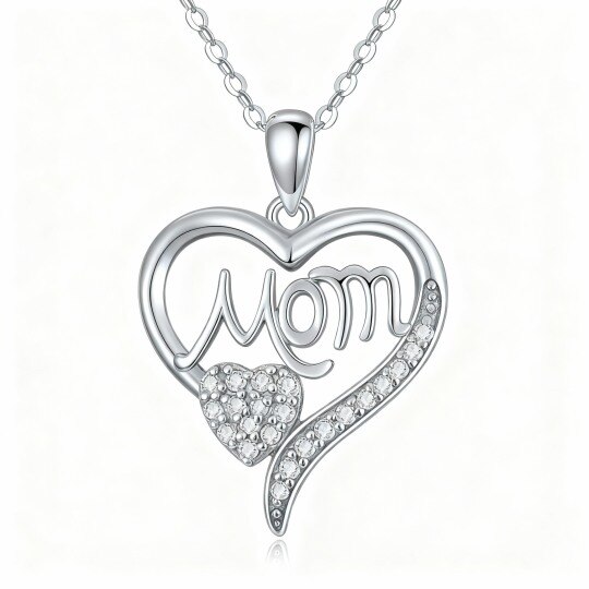 Collier pendentif cœur en or blanc 10 carats avec zircon cubique et inscription gravée