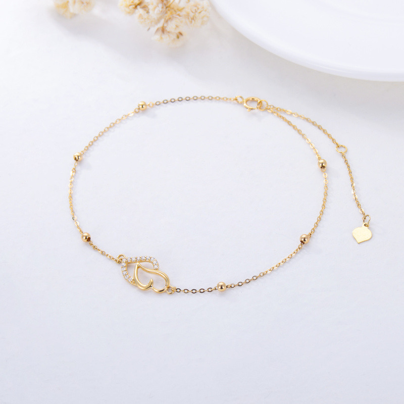 10K Gold Cubic Zirconia Interlocking Hearts Single Layer Bead Station Chain Bracelet For Women Best Friend-4