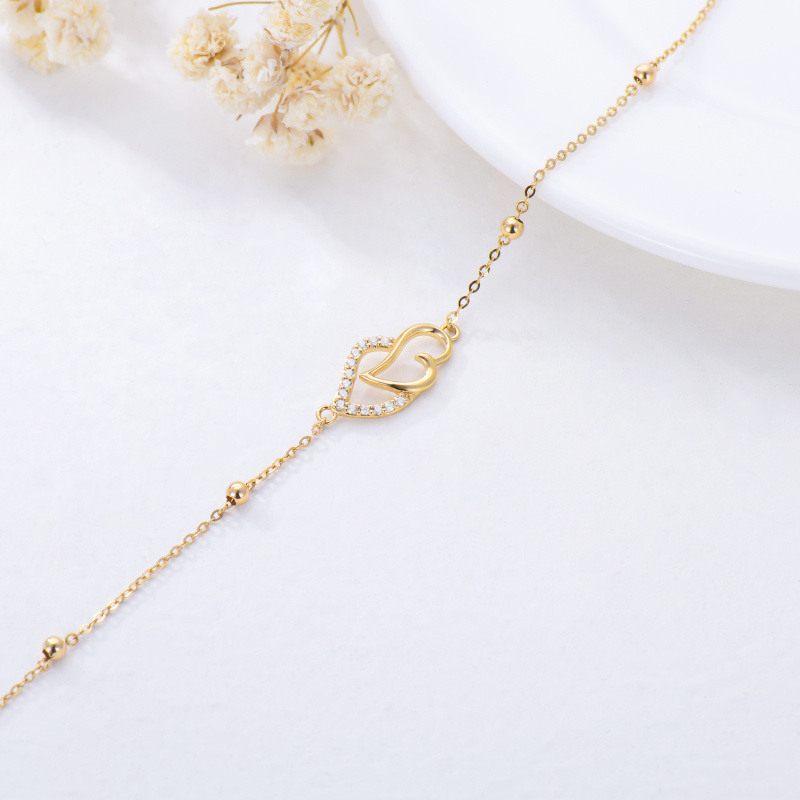 10K Gold Cubic Zirconia Interlocking Hearts Single Layer Bead Station Chain Bracelet For Women Best Friend-5