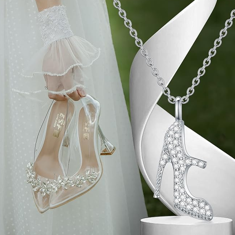 Collier en or blanc 14 carats et zircon cubique en forme d'escarpin pour femme-5
