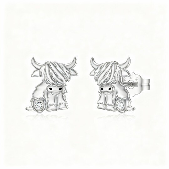 14K White Gold Cubic Zirconia Highland Cow & Heart Stud Earrings