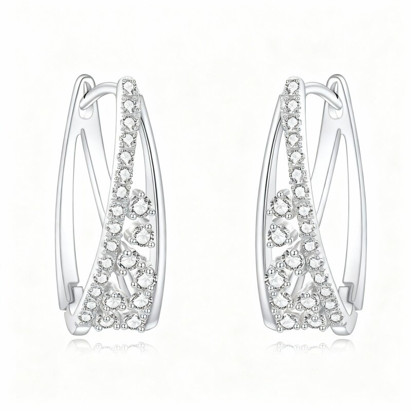 Pendientes de aro de platino con circonitas cúbicas chapadas en oro blanco-1