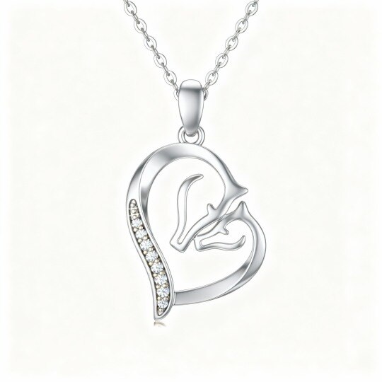 10K White Gold Cubic Zirconia Horse & Heart Pendant Necklace