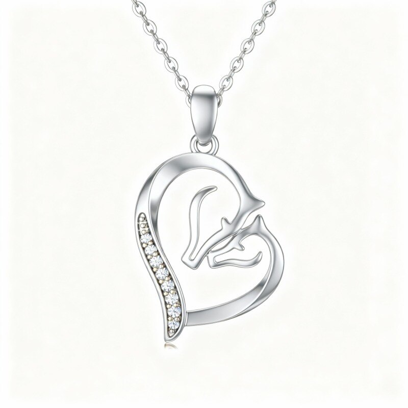 Collier pendentif cheval et cœur en or blanc 10 carats et zircon cubique-2