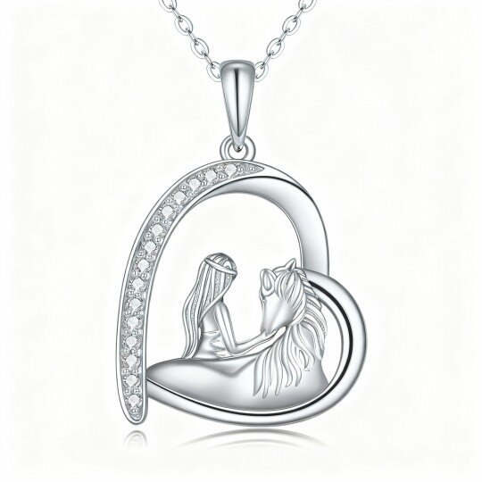 Collar con colgante de caballo y corazón de oro blanco de 10 quilates con circonitas cúbicas
