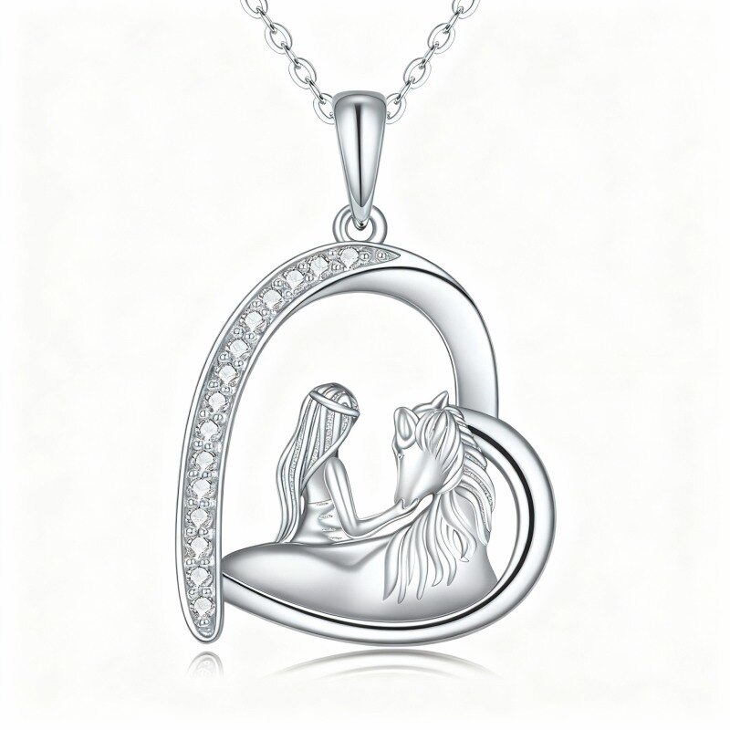 Collier pendentif cheval et cœur en or blanc 10 carats et zircon cubique-12