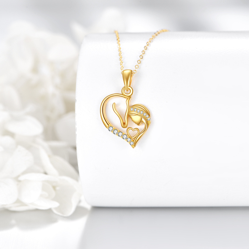 Collier en or 10 carats avec zircon cubique, motif cheval et cœur, pour femme-3