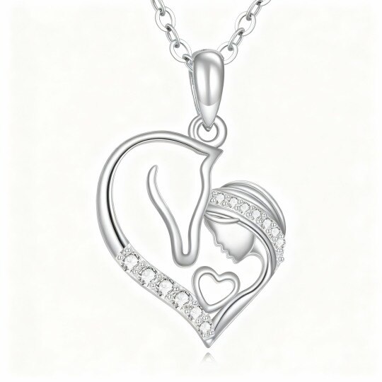 Collar con colgante de caballo y corazón de oro blanco de 10 quilates con circonitas cúbicas