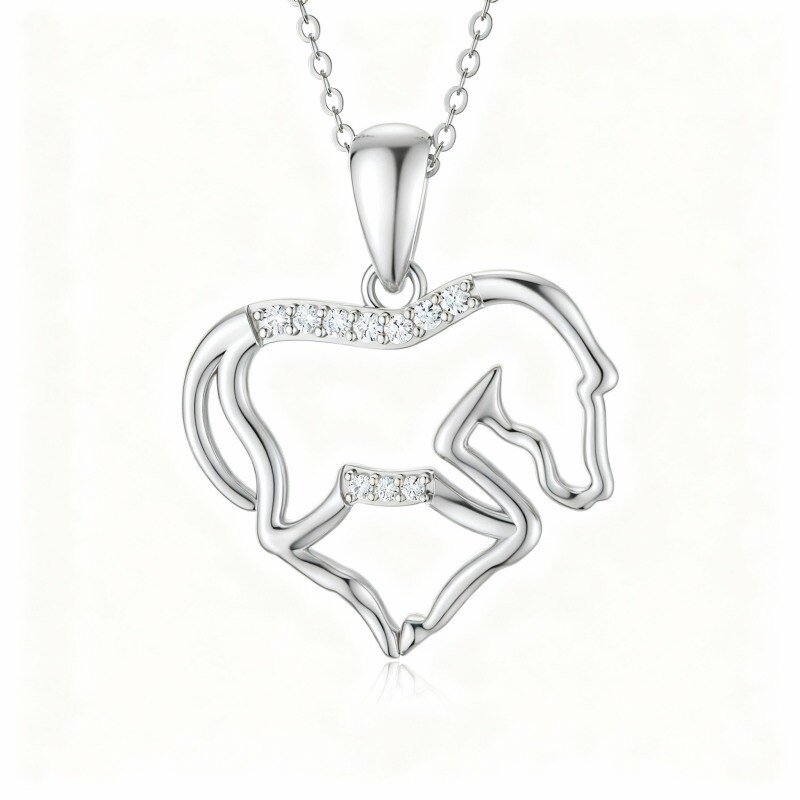 Collier pendentif cheval en or blanc 10 carats et zircon cubique-13