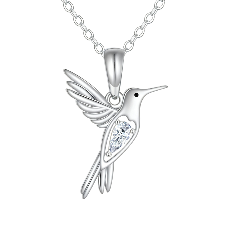 Collier pendentif colibri en platine plaqué or blanc et zircon cubique-1