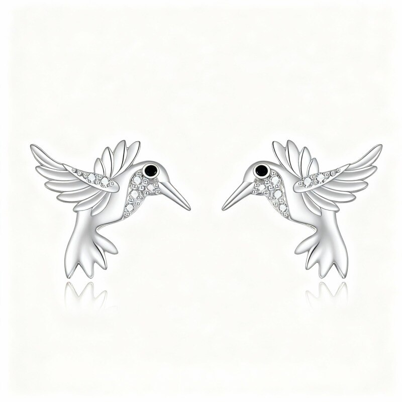 Boucles d'oreilles puces colibri en or blanc 10 carats et zircon cubique-10
