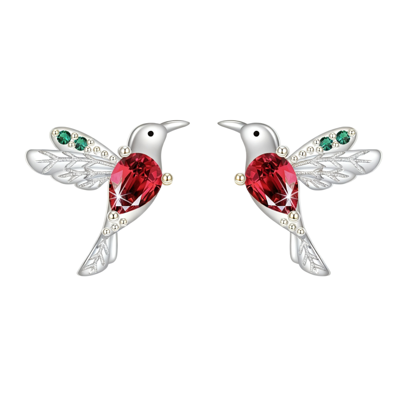 Pendientes de botón con forma de colibrí en oro blanco de 14 quilates y circonitas cúbicas.-1
