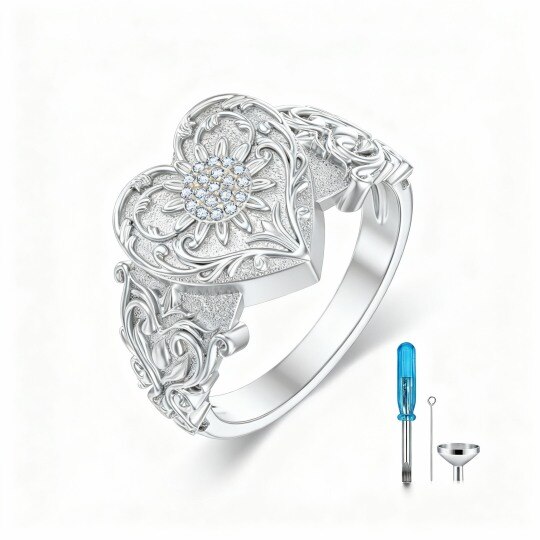 Anillo urna de oro blanco de 10 quilates con circonitas cúbicas, diseño de hiedra y corazón para cenizas