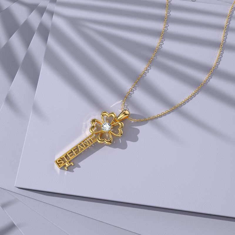 14K Rose Gold Cubic Zirconia Key Pendant Necklace-6