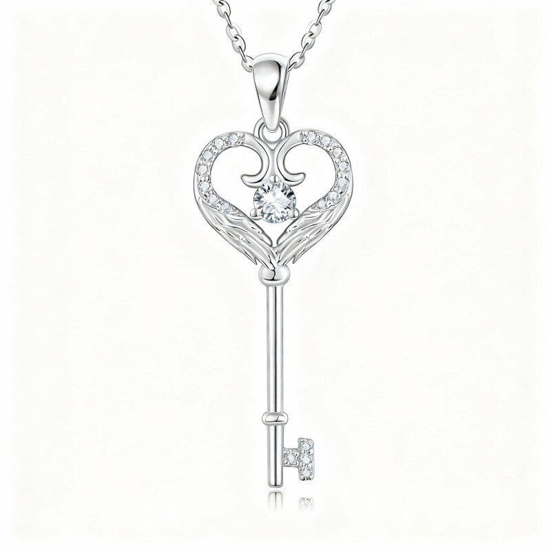 10K White Gold Cubic Zirconia Key Pendant Necklace-11