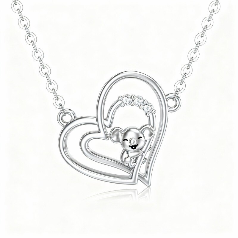 10K White Gold Cubic Zirconia Koala & Heart With Heart Pendant Necklace-10