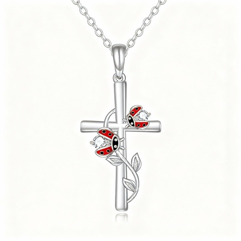 Collier pendentif coccinelle et croix en platine plaqué or blanc et zircon cubique-1