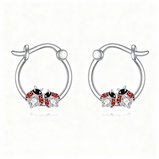10K White Gold Cubic Zirconia Ladybug Hoop Earrings