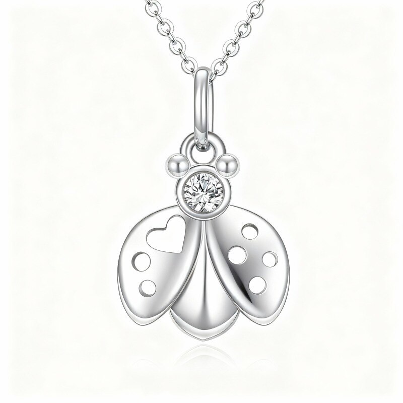 10K White Gold Cubic Zirconia Ladybug Pendant Necklace-1