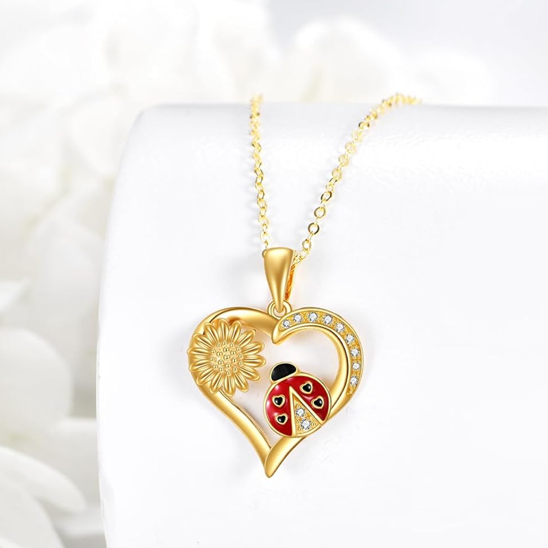 Collar de oro de 14 quilates con forma de corazón de mariquita y flores silvestres para mujer-3