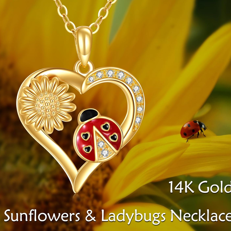 Collar de oro de 14 quilates con forma de corazón de mariquita y flores silvestres para mujer-5