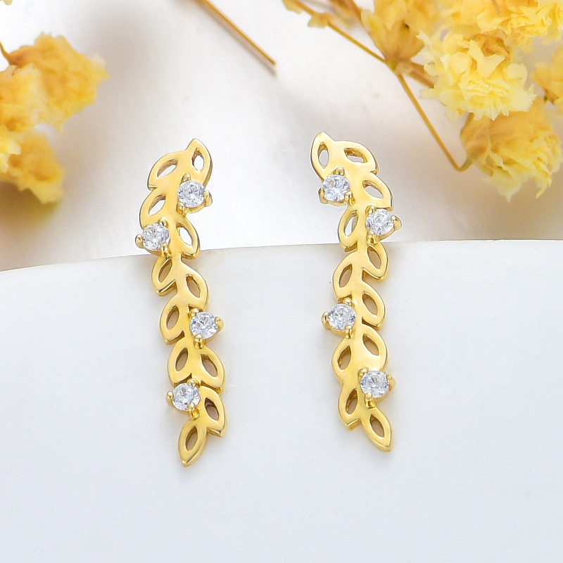Pendientes trepadores de hojas con circonitas cúbicas en oro de 14 quilates-3