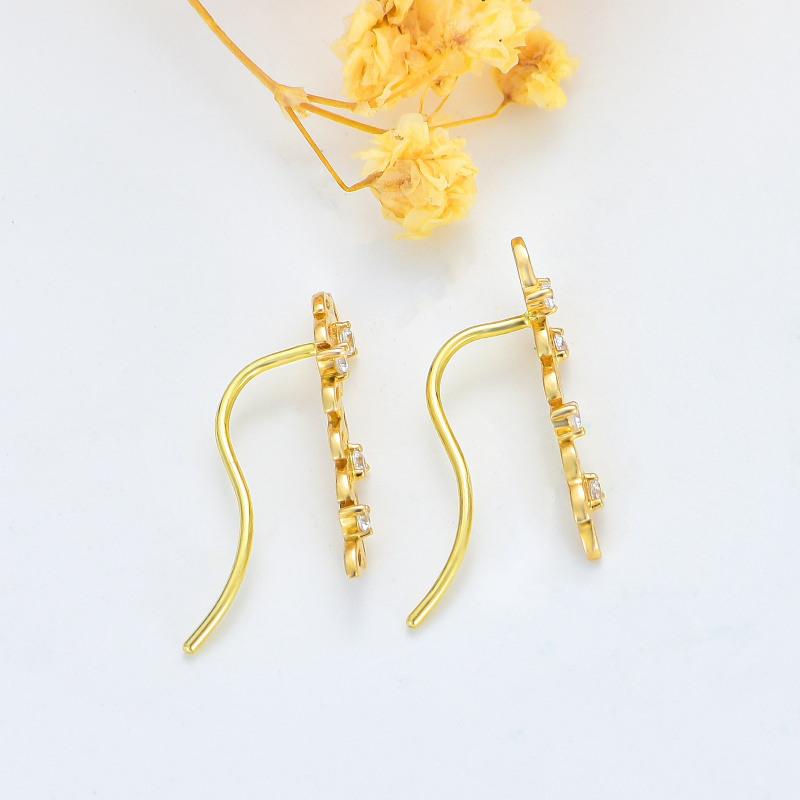 Pendientes trepadores de hojas con circonitas cúbicas en oro de 14 quilates-4