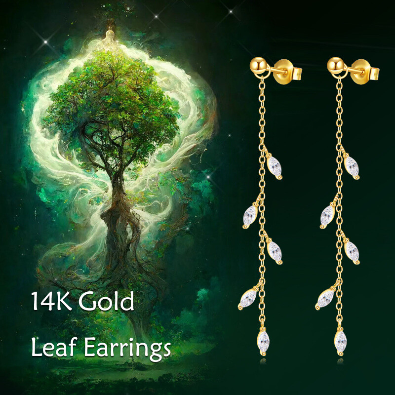 18K Gold Cubic Zirconia Leaves Drop Earrings-6