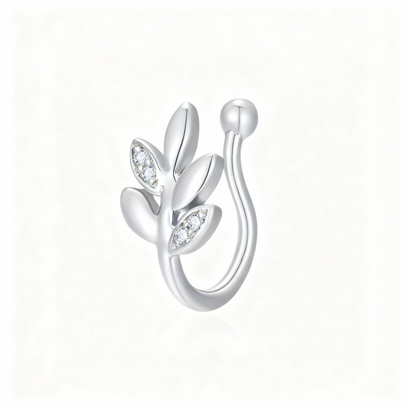 Anillo nasal de hojas con circonitas cúbicas en oro blanco de 18 quilates-1
