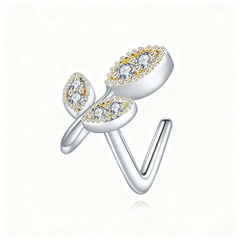 10K White Gold Cubic Zirconia Leaves Nose Ring-11