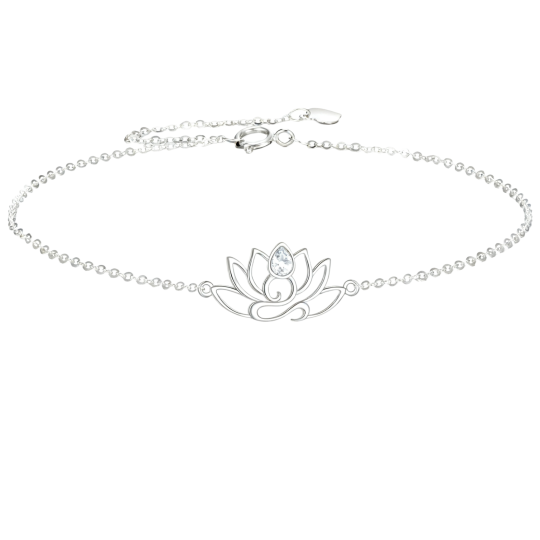 Pulsera con dije de loto y circonita cúbica en oro blanco de 10 quilates