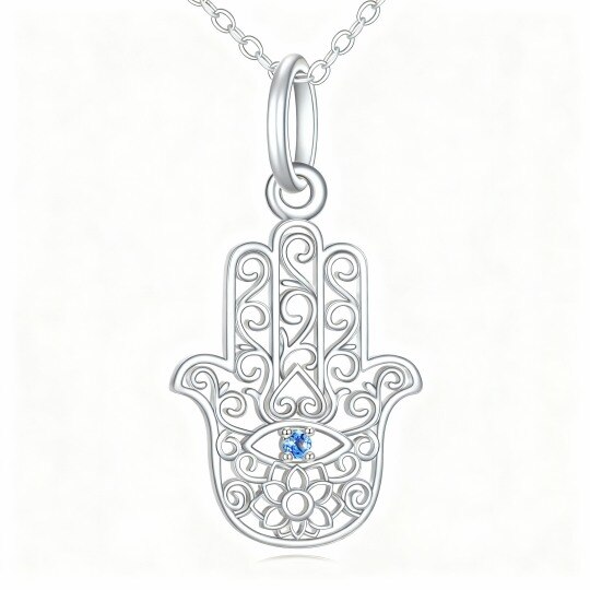 Collar con colgante de loto y mano de Hamsa en oro blanco de 10 quilates con circonitas cúbicas