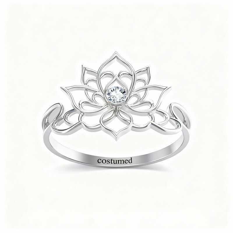Anillo de loto con circonita cúbica en oro blanco de 10 quilates-16