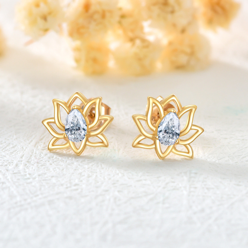 Boucles d'oreilles puces en or 10 carats et zirconiums cubiques en forme de lotus-3
