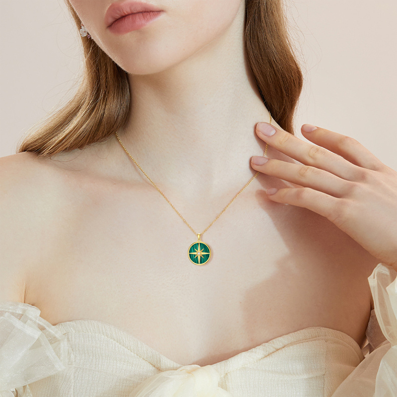 Collier boussole en or 14 carats, zircon cubique et malachite pour femme-2