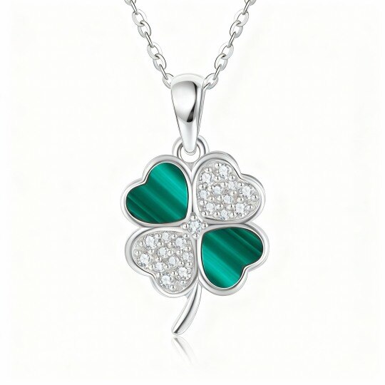 Collar con colgante de trébol de cuatro hojas de oro blanco de 10 quilates con circonitas cúbicas y malaquita