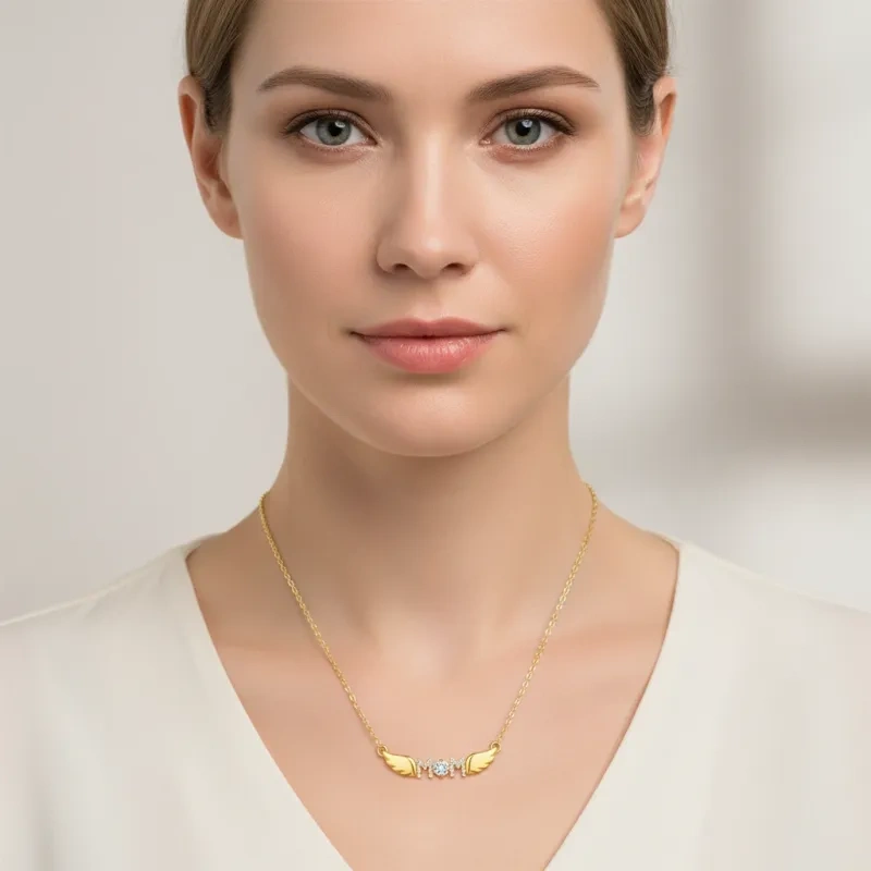10K Gold Cubic Zirconia Mama & Angel Wing Pendant Necklace-2