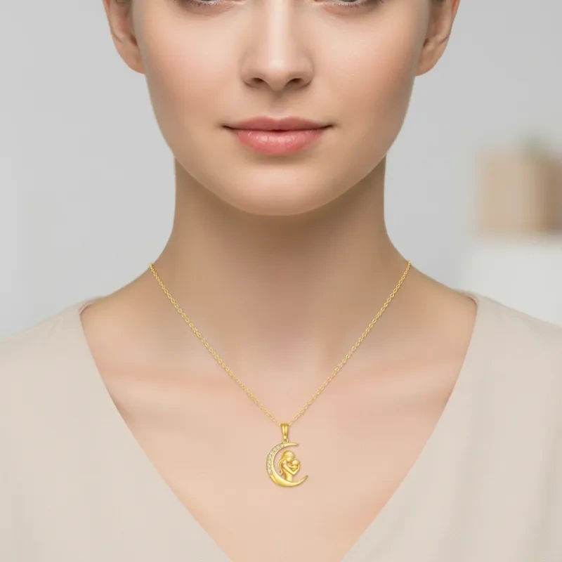 10K Gold Cubic Zirconia Mama & Moon Pendant Necklace-2