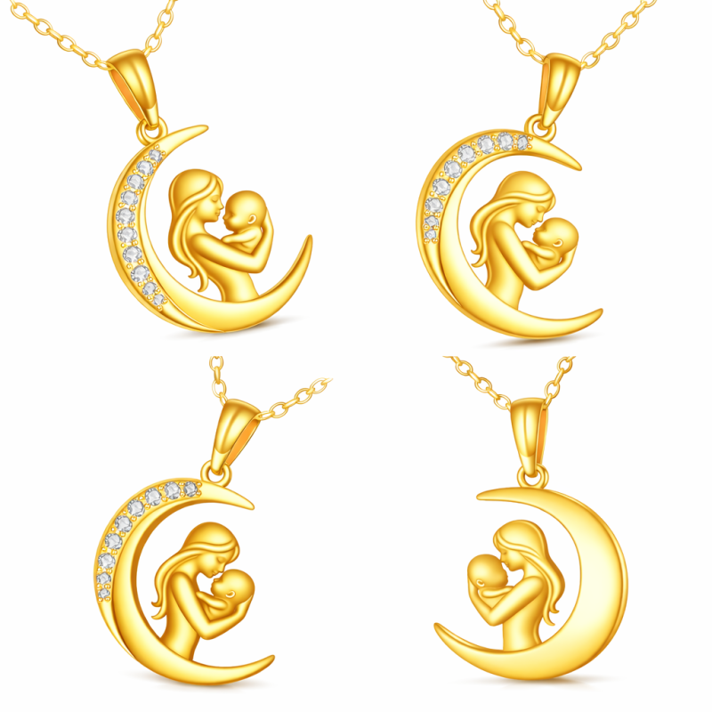 10K Gold Cubic Zirconia Mama & Moon Pendant Necklace-3